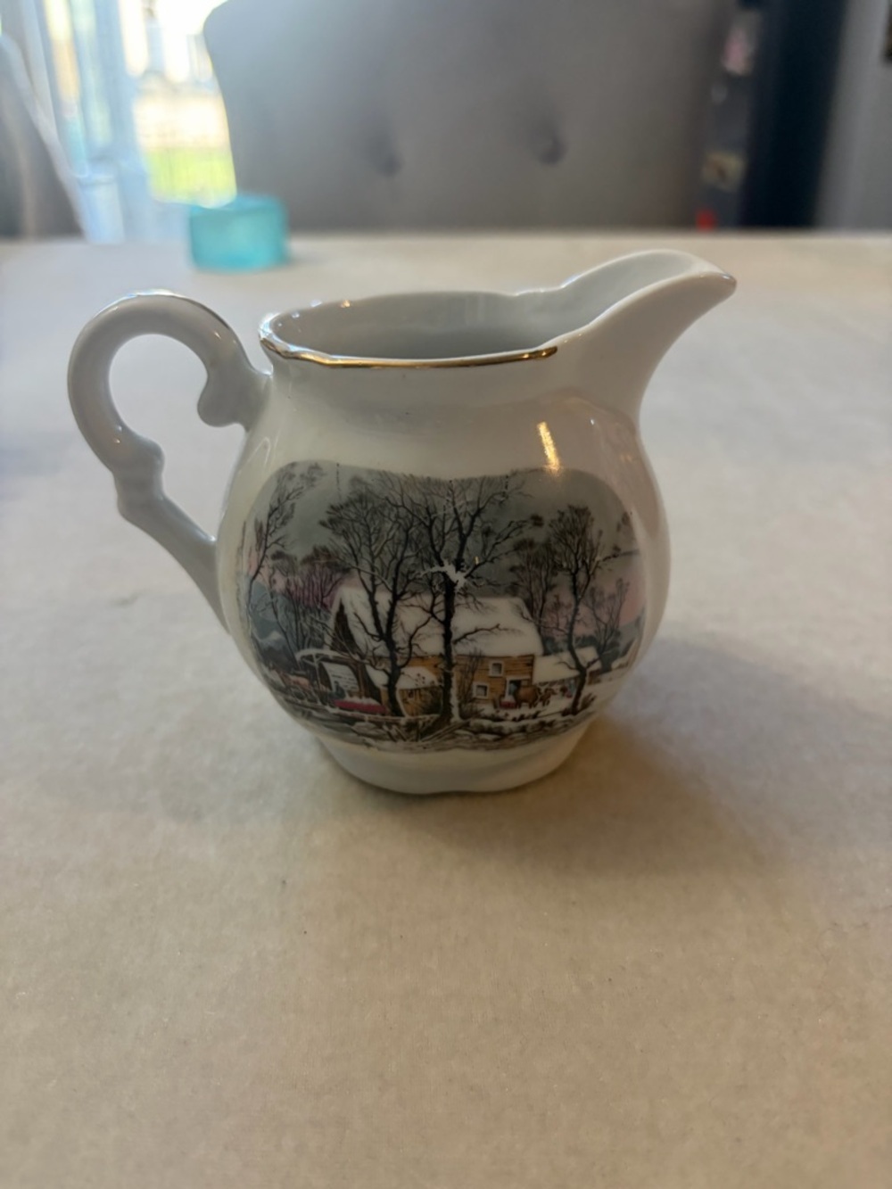 Vintage Winter Scene Porcelain Creamer with Gold Trim